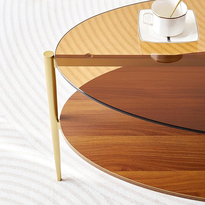 Oval Glass Coffee Table, Mid-Century Modern Design, L43 x W22 x H17 inch, 2-Tier Structure, Olive Shaped Amber Glass Top and Walnut Finish Wood Shelf, Tapered Legs with Gold Finish Frame-Ruum Studio Home