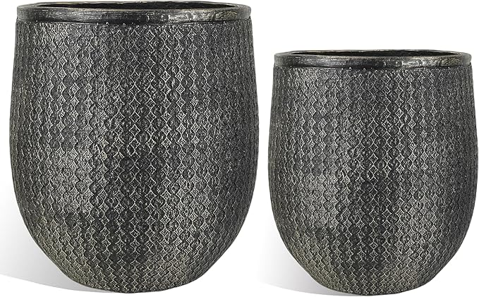 Worth Garden Large Round Planters Set of 2 (14.5"x17.5" & 12" x15“) - Lightweight Magnesium Oxide Cement Plant Pot with Texture - Concrete Look with Drainage Hole – Indoor & Outdoor Use - Black Gold-Ruum Studio Home