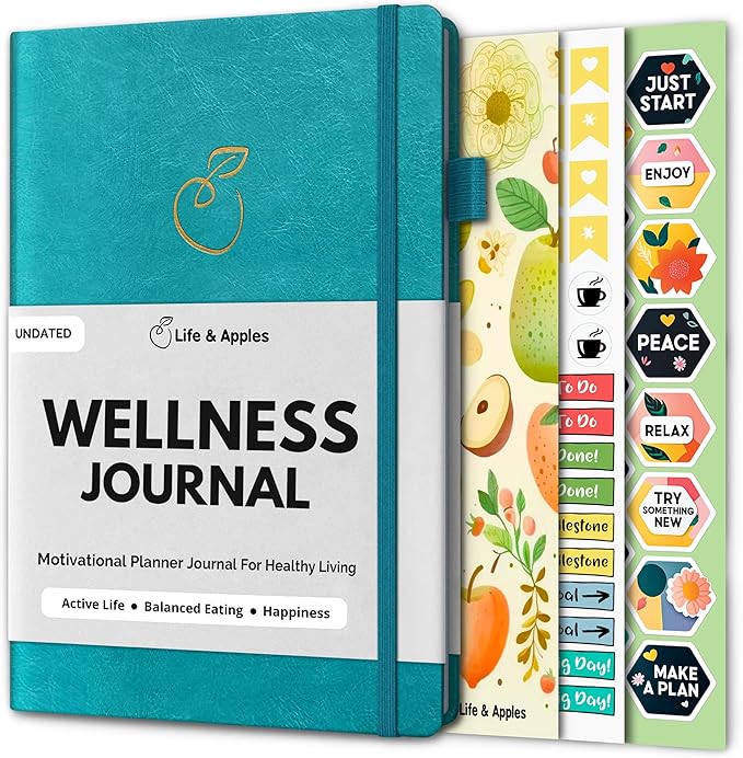Life & Apples Wellness Journal Planner – Food Log, Fitness Tracker, Habit Tracker, Weight Loss Journal for Diet Tracking and Health Goals, Undated, Size A5 Aquamarine-Ruum Studio Home