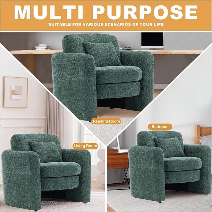 Chenille Accent Armchair Oversize Upholstered Barrel Comfy Modern Round Lounge Chair with Pillow Cozy Reading Chairs for Apartment,Office,Living Room,Dining,Makeup,Club,Green-Ruum Studio Home