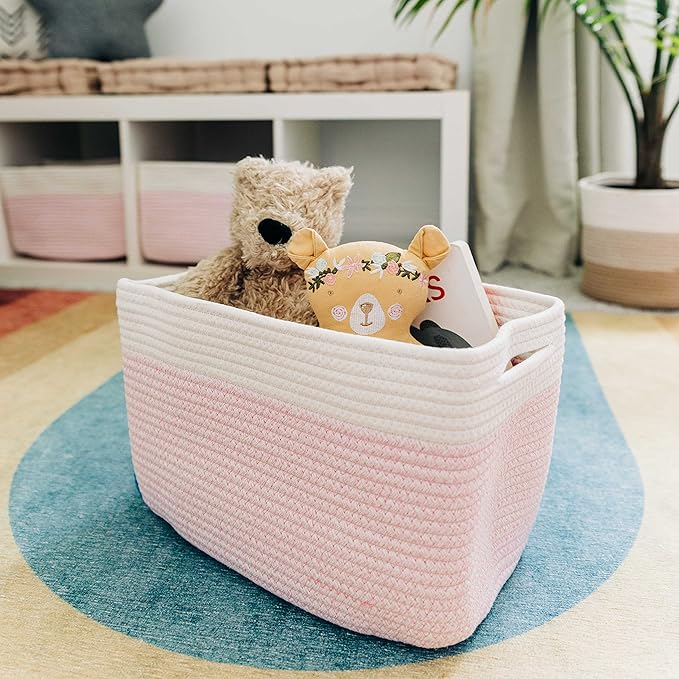 OrganiHaus Set of 3 Woven Storage Baskets for Organizing, Cotton Rope Organizer Bins for Shelves, Closet & Nursery, Dog Toy Basket, Decorative Bins for Toys, Towels & Books - 15x10x9, Pink/Off-White-Ruum Studio Home