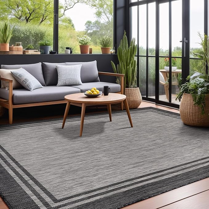 Bordered Outdoor Rug 9x12 Washable Outside Carpet for Indoor Patio Porch Waterproof Easy Cleaning Non Shedding Area Rugs Dark Gray 9 x 12-Ruum Studio Home
