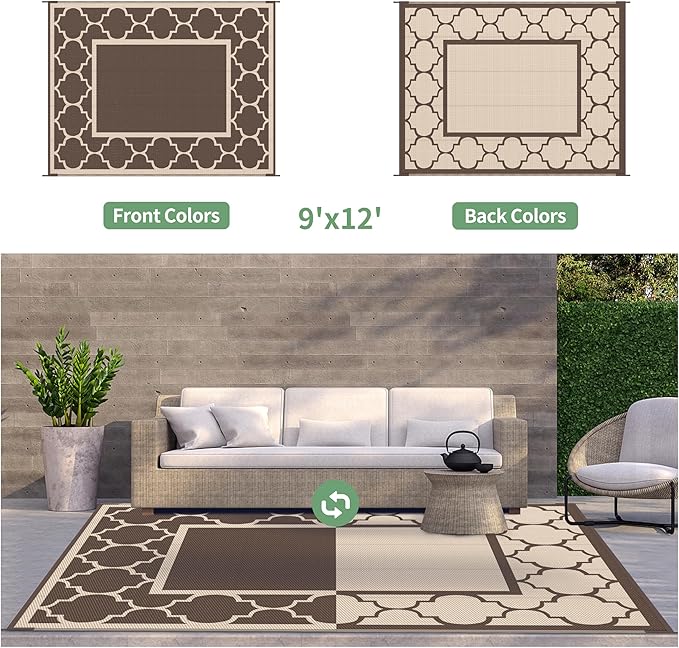 GENIMO 9' x 12' Outdoor Rug Waterproof for Patio Decor, Foldable Reversible Plastic Straw Area Rugs Mat for Camper, Outside Carpet for Rv, Deck, Porch, Picnic, Beach, Balcony, Coffee & Beige-Ruum Studio Home