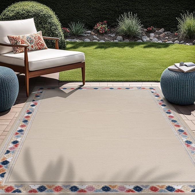 Beverly Rug Outdoor Rug 5x7 Modern Bordered Area Rugs for Indoor and Outdoor Patio Easy to Clean Non Shedding Living Room Porch Garden Washable Outside Carpet (5 x 7 Beige)-Ruum Studio Home