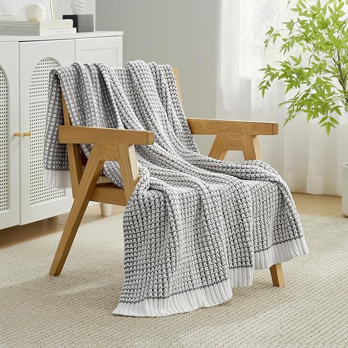 Amélie Home Chenille Waffle Throw Blanket for Couch, Reversible Pineapple Stitch Knit Soft Cozy Knit Blanket Lightweight Warm Decorative Throw for Sofa, Bed, Living Room, 50"x60", Grey&Ivory-Ruum Studio Home