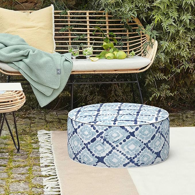 LVTXIII Inflatable Stool Ottoman Footrest with Handle, Decorative Fade-Resistant Foot Stool, Indoor or Outdoor Pouf for Home Garden and Camping Use, 21x21x9, Boho Geometry Blue-Ruum Studio Home