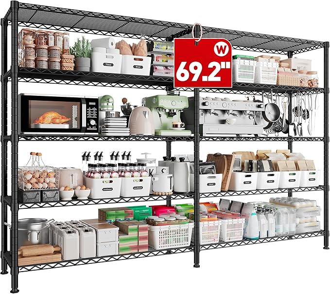 REIBII 70" W Storage Shelves Heavy Duty Load 1600LBS, Metal Shelving 5-Tier Wire Shelving Unit Metal Shelves for Storage Adjustable Shelving Rack for Pantry Kitchen 70" W*15.8" D*72.4" H, 2 Pack-Ruum Studio Home