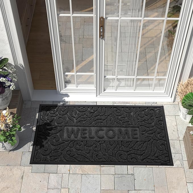 Yimobra Welcome Front Door Mat Outdoor, Heavy Duty Sturdy Non Slip Doormats, Rubber Backing, Low-Profile Entrance Rugs, Absorbent Resist Dirt, Easy Clean Patio Garage Floor Mats, 47X24 Inch, Black-Ruum Studio Home