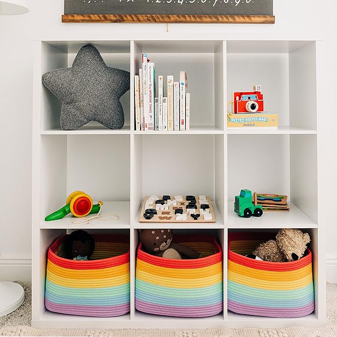 OrganiHaus Rainbow Woven Storage Baskets for Organizing, Cotton Rope Organizer Bins for Shelves, Closet & Nursery, Dog Toy Basket, Decorative Bins for Toys, Towels & Books - 15x10x9-Ruum Studio Home