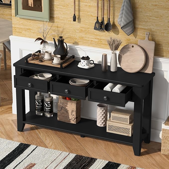 Farmhouse Modern Console Table 55.4-Inch Entryway Sofa Table with Drawers & Storage Shelf for Living Room Hallway Entrance, Black-Ruum Studio Home
