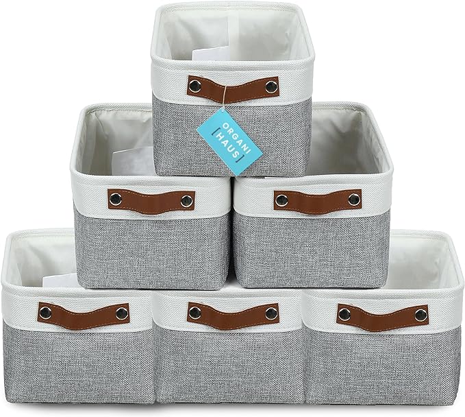 OrganiHaus Small Fabric Storage Bins for Shelves 6 Pack, 12x8in Closet Storage Bins for Shelves, Cloth Baskets for Organizing, Linen Closet Organizers, Fabric Basket, Gray/White-Ruum Studio Home