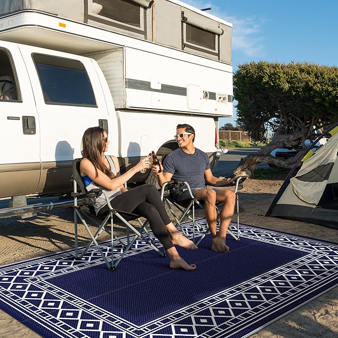 GENIMO Outdoor Rug Waterproof for Patio Decor, 9'x12' Foldable Reversible Plastic Straw Carpet for Travel Trailers, Outside Area Mat for Rv, Deck, Picnic, Porch, Camper, Balcony, Beach, Blue & White-Ruum Studio Home