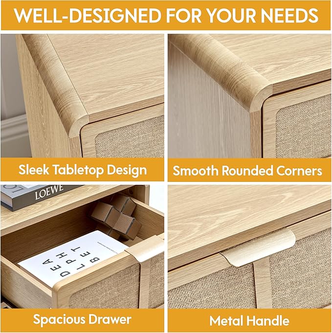 LEVNARY Nightstand with Charging Station, Mid-Century Modern Bedside Table with Curved Top Corners and Fabric-Like Textured Drawer, Wooden End Table for Farmhouse Bedroom Living Room (1, Natural)-Ruum Studio Home