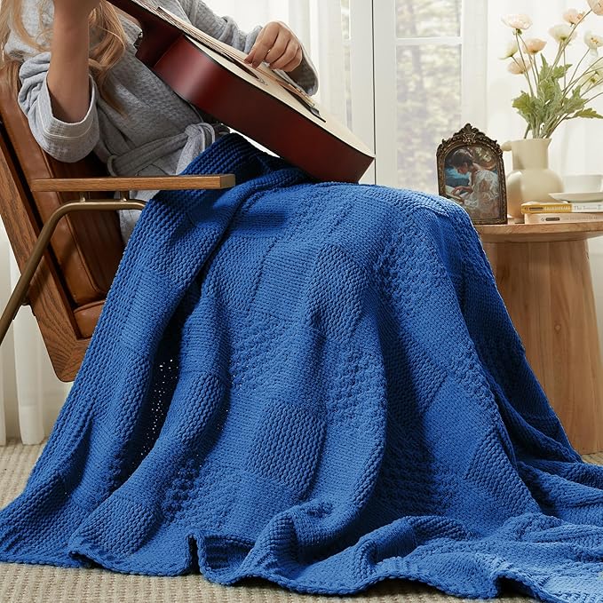 Amélie Home Chenille Knit Throw Blanket for Couch, Checkered Texture Decorative Soft Blanket for Sofa, Bed & Living Room, 50"x60", Blue-Ruum Studio Home