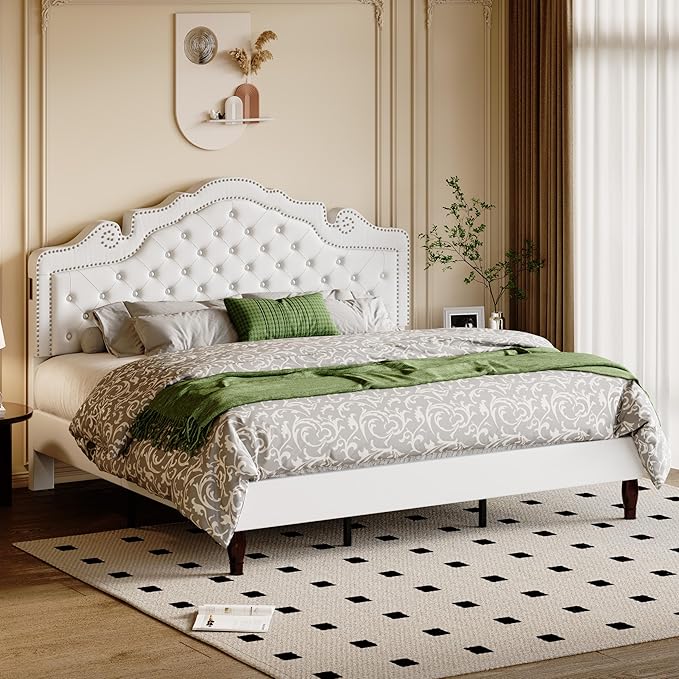 Allewie King Bed Frame with Adjustable Velvet Tiara Headboard, Upholstered Diamond Button Tufted Platform Bed, Wood Slats Support, No Box Spring Needed, Mattress Foundation, Easy Assembly, White-Ruum Studio Home