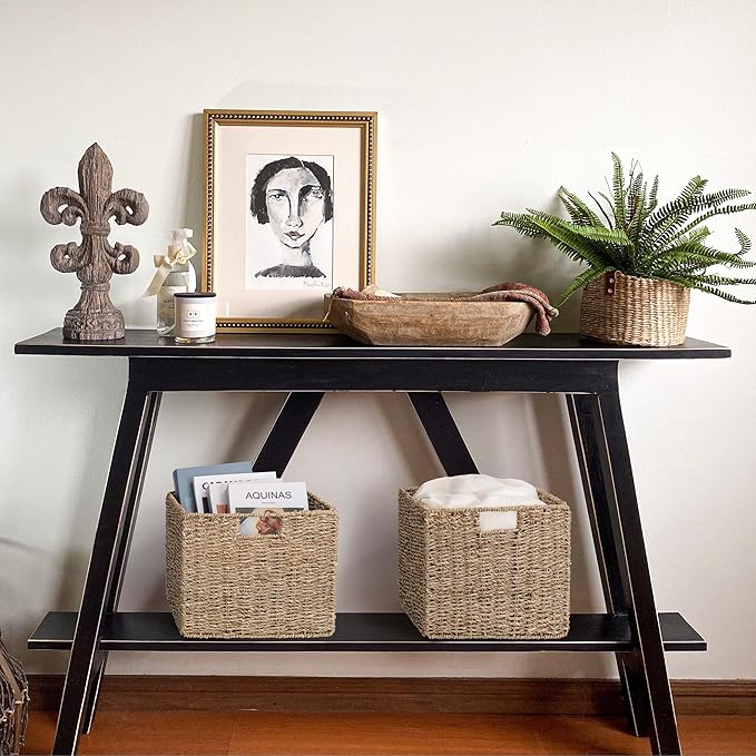 12x12x10in Seagrass Storage Baskets Set of 2, Large Wicker Storage Basket, Decorative Seagrass Shelf Basket, Pantry Baskets Organization,Folding Storage Cube Bins-Ruum Studio Home