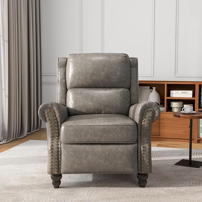 UIXE Pushback Recliner Chair, Faux Leather Armchair Push Back Accent Chair, Rivet Trim Club Chair Home Theater Overstuffed Single Sofa Reading Seat for Living Room, Gray-Ruum Studio Home