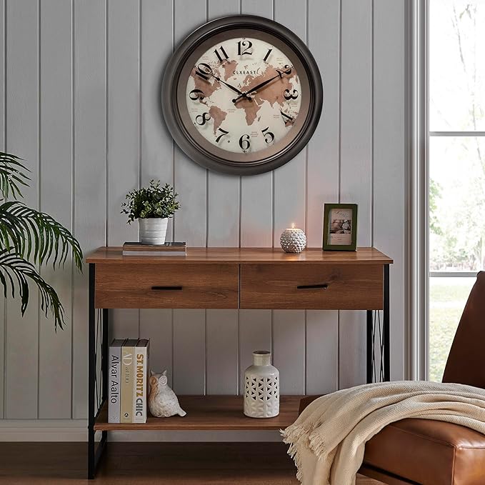 CLXEAST 18 Inch Illuminated Wall Clock with Smart LED Light Sensor, Large Modern World Map Wall Clocks for Living Room Decor,Oil Rubbed Bronze,Unique House Warming Gifts-Ruum Studio Home