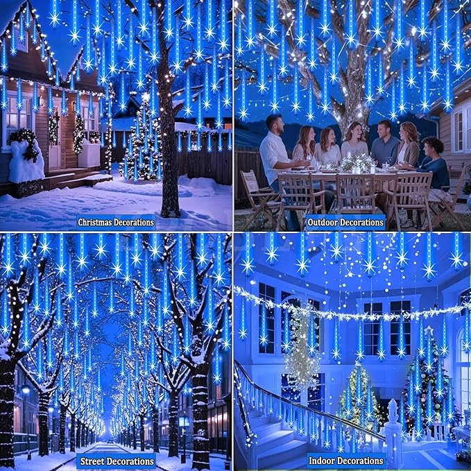 Christmas Lights Outdoor Meteor Shower Lights 24-Tube 576LEDs Snow Falling Rain Cascading Icicle Light for Xmas Tree Christmas Decorations Wedding Party Holiday Garden Decor, UL Plug Blue-Ruum Studio Home