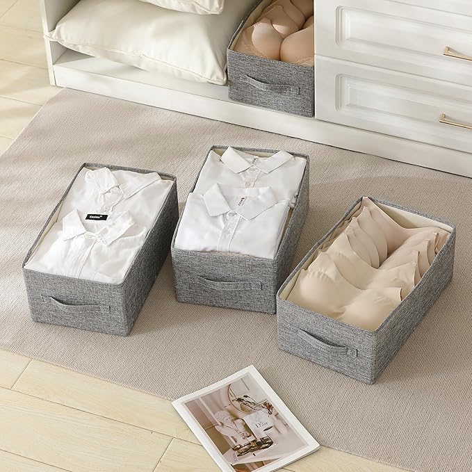 Linen Folding Storage Bins, 3 Pack Large Storage Baskets, Washable, Clothing Storage Bins with Handle, Closet Organizer for Storage Sweater,Sheets(dark grey, 16"x9½"x6¾")-Ruum Studio Home