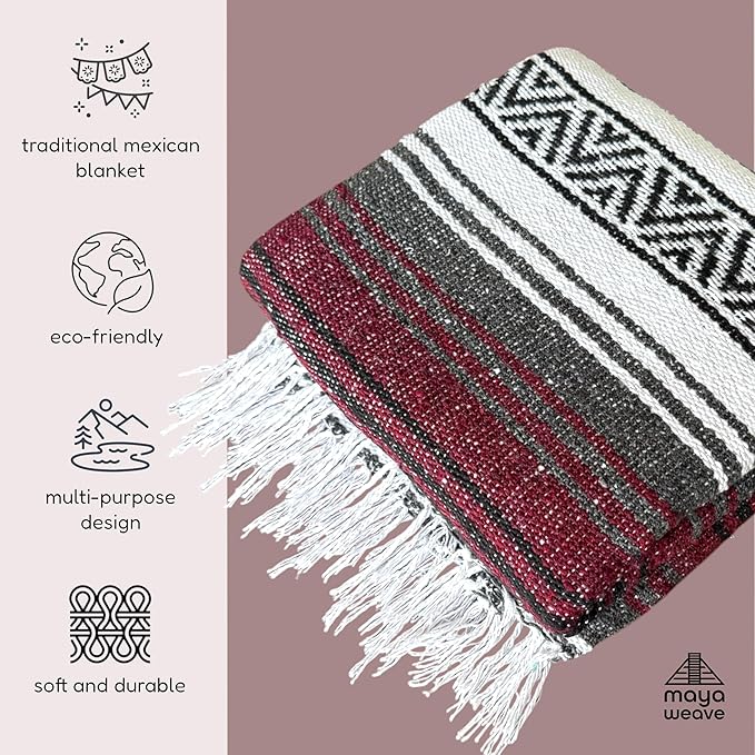 Traditional Handwoven Mexican Blanket, Large Falsa Serape - Soft & Durable - Vibrant Beach, Picnic, Yoga & Camping Mat - Lightweight Boho Throw 70"x50" (Rust)-Ruum Studio Home