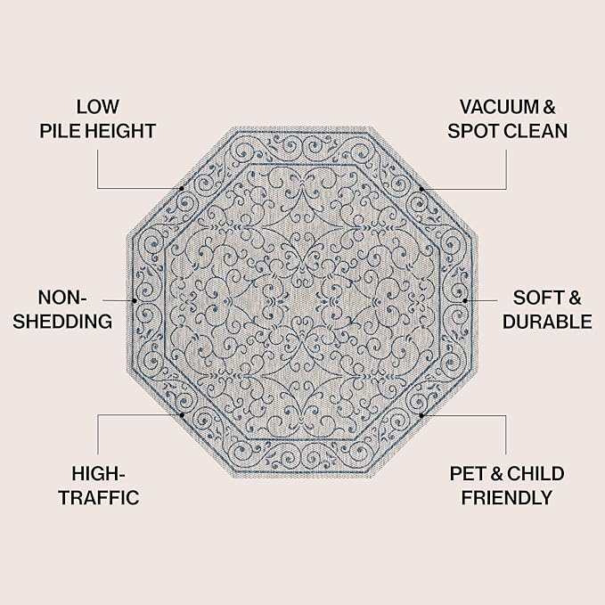 JONATHAN Y Vintage Filigree Indoor Outdoor Octagon Area Rug 5 Ft Gray/Navy, Charleston Textured Weave for Backyard, Patio, Porch, Easy-Cleaning, High Traffic, Pet-Friendly, Non-Shedding SMB106C-5TGN-Ruum Studio Home