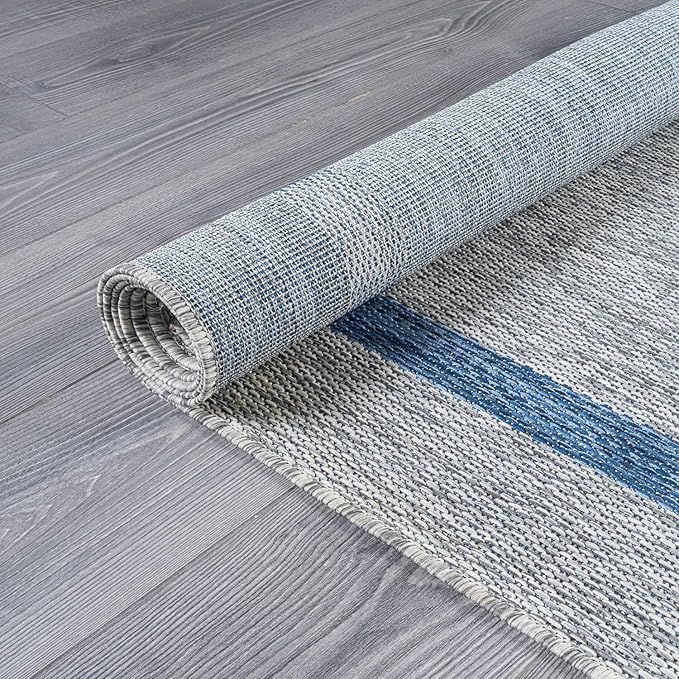 Bordered Outdoor Rug 5x7 Washable Outside Carpet for Indoor Patio Porch Waterproof Easy Cleaning Non Shedding Area Rugs Silver Gray - Blue 5 x 7-Ruum Studio Home