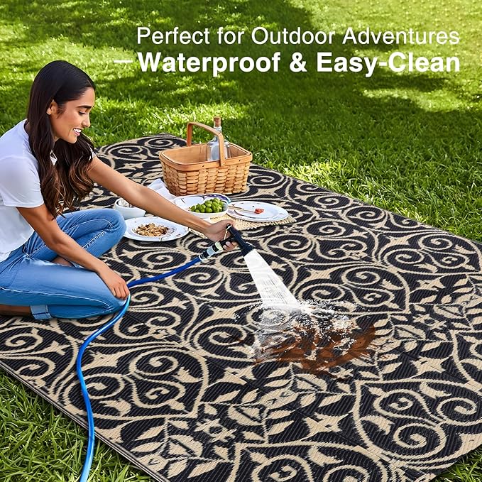 OLANLY Outdoor Rug Waterproof 5x8 ft Clearance, Reversible Outdoor Plastic Straw Rug with Floral Pattern, RV Mat for Patio, Camping, Balcony, Deck, Backyard, Black & Beige-Ruum Studio Home