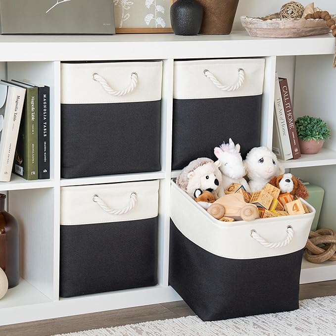 OrganiHaus 13x13 Cube Storage Bins 4 Pack, Foldable Cube Storage Organizer w/ Rope Handles, Collapsible Fabric Bins for Toys, Clothes & Closet Organization, Fabric Square Baskets - Black/White-Ruum Studio Home