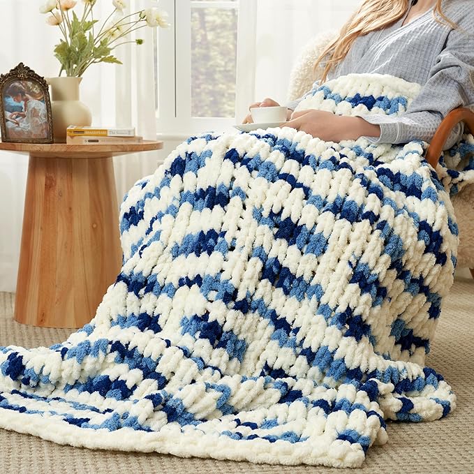 Amélie Home Chunky Knit Throw Blanket for Couch, Soft Chenille Crochet Blanket for Sofa, 50"x60", Space-Dyed Blue Striped-Ruum Studio Home