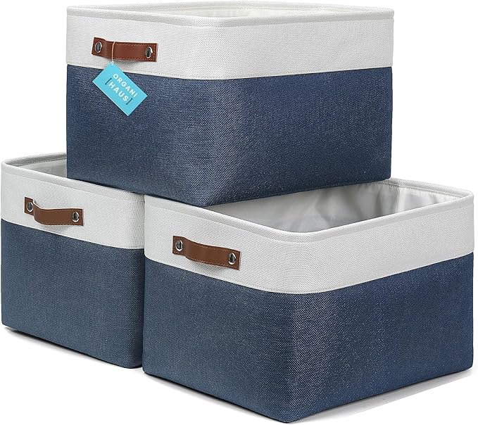 OrganiHaus Extra Large Fabric Storage Bins for Shelves 16x13in, Closet Storage Baskets for Shelf Organizing, Canvas Rectangle Bins for Organization, Linnen Baskets for Organizing - Navy Blue/White-Ruum Studio Home