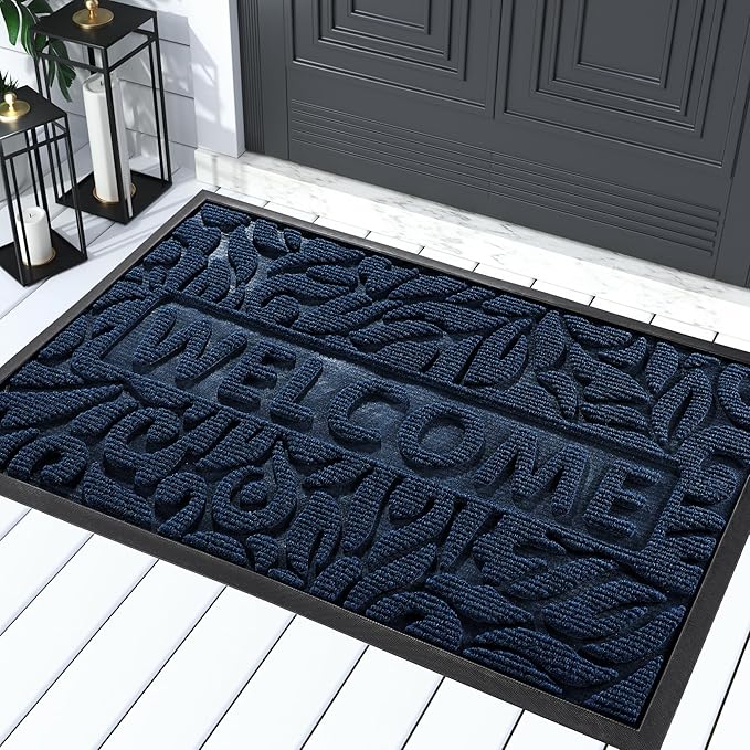 Yimobra Welcome Door Mat Outdoor Indoor, Non Slip Front Doormats, Heavy Duty Rubber Backing, Low-Profile Entrance Mat, Absorbent Resist Dirt, Easy Clean Patio Garage Floor Mats, 29.5 x 17, Blue-Ruum Studio Home