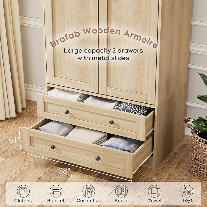 Brafab Wooden Armoire Wardrobe Closet with 2 Modern Doors, 71" Tall Freestanding Closet Wardrobe Cabinet with Drawers and Hanging Rail, Storage Cabinet with Shelve for Bedroom (Natural, 2 Doors)-Ruum Studio Home