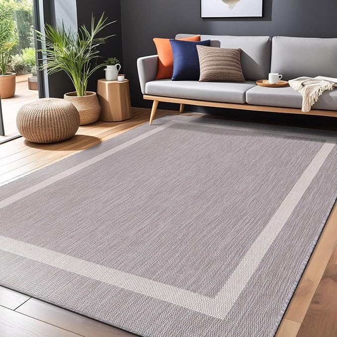 Bordered Outdoor Rug 9x12 Washable Outside Carpet for Indoor Patio Porch Waterproof Easy Cleaning Non Shedding Area Rugs Gray 9 x 12-Ruum Studio Home