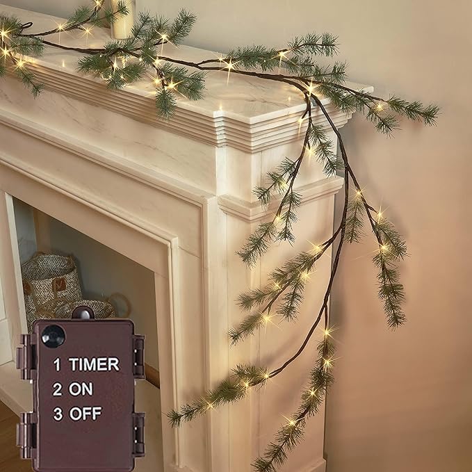 Birchlitland Lighted Pine Garland Battery Operated with Timer 6FT 48 LED Fairy Lights, Christmas Garland with Lights Wall Patio Wedding and Holiday Decor-Ruum Studio Home