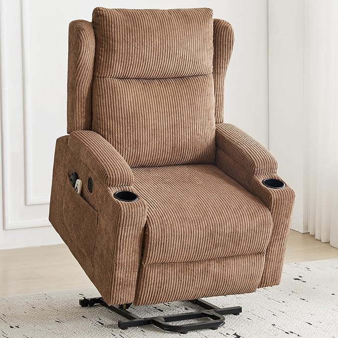 Lift Recliner Chair for Adults with Massage and Heating, Power Lift Recliner Chairs for Elderly, Corduroy Fabric Reclining Chair with USB &Type-C Port, Cup Holders, L6111 (Brown)-Ruum Studio Home