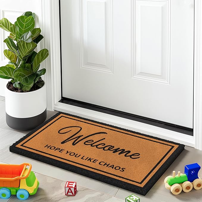 Barnyard Designs Natural Coco Coir Heavy Duty Backing Doormat - Large Cute Non-Slip Front Door Welcome Mat for Outside Entrance or Porch Entry, Brown (17x30, Chaos)-Ruum Studio Home