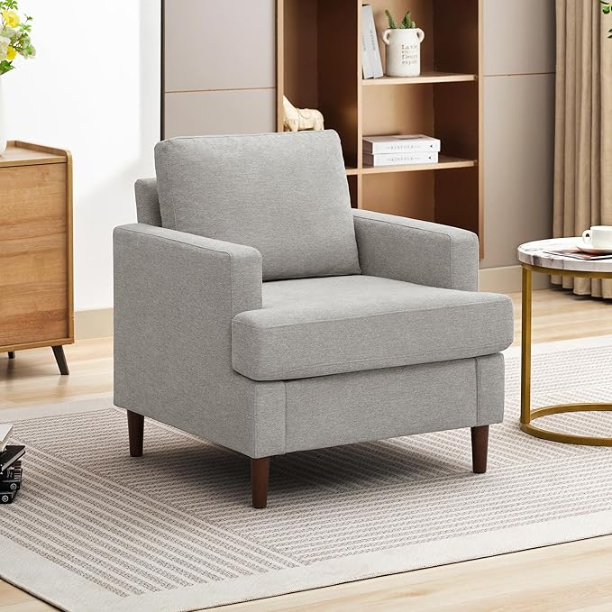 Mid-Century Accent Chair,Modern Linen Fabric Armchair for Living Room,Comfy Upholstered Reading Accent Chairs for Bedroom,Single Sofa Chair with Wood Legs (Light Grey, 1 Pack)-Ruum Studio Home