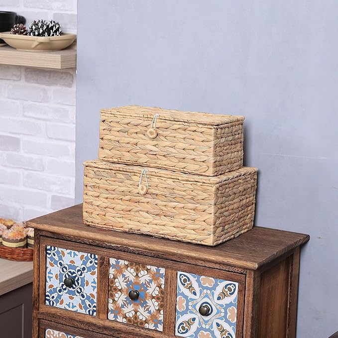Set of 2 Rectangular Wicker Storage Bins with Lid, Rattan Basket Decorative Boxes, Multipurpose Organizer Display Boxes for Shelf Organizer, Boho Rattan Box for Home Decoration-Ruum Studio Home