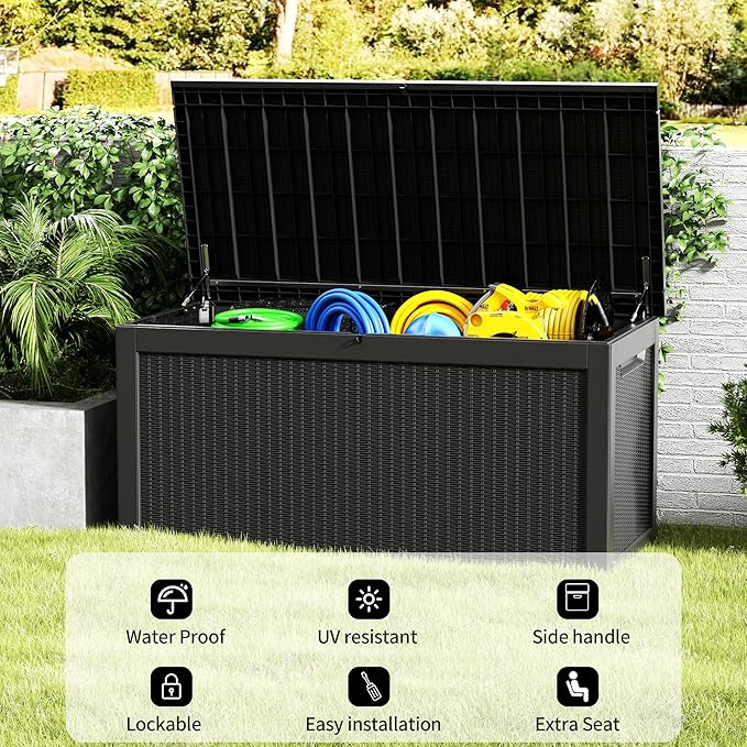 320 Gallon Outdoor Storage Box Waterproof Lockable Resin Deck Box Large, Patio Storage Bin for Pool Accessories Cushion Furniture, Garden Tools, UV-Resistant Outside Delivery Black-Ruum Studio Home