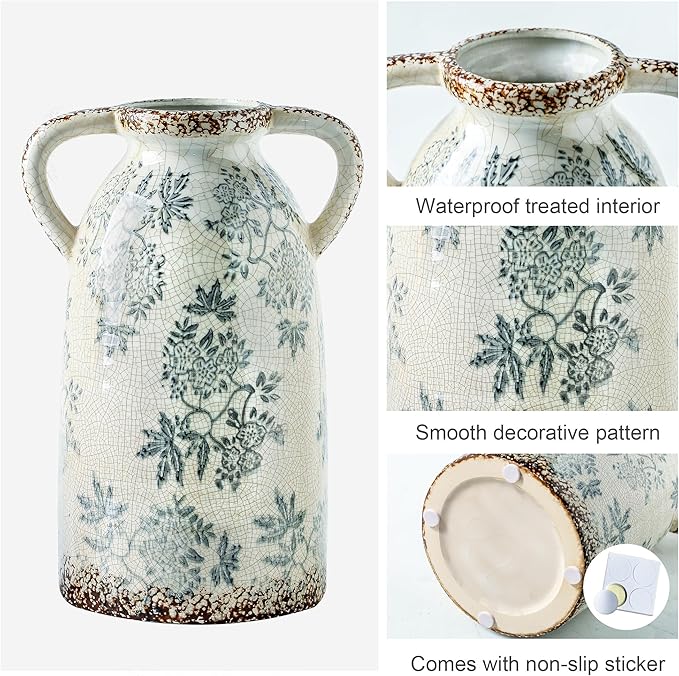 Enra Tall Vintage Blue and White Ceramic Vase with Handle, 11.2 Inch Chinoiserie Decorative Floral Vase, Large Rustic Ceramic Vase for Living Room, Office, Bookshelf, Home Decor-Ruum Studio Home