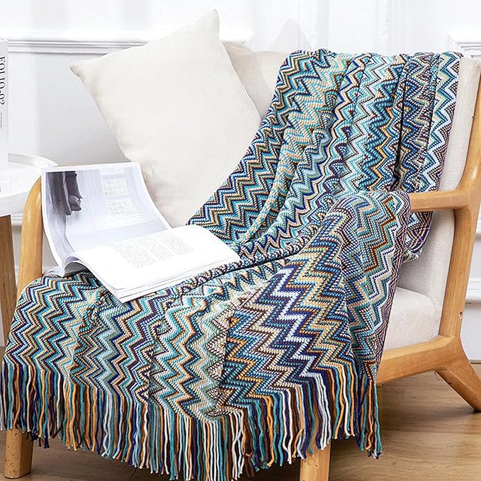 Boho Throw Blanket - Bohemian Fringe Tassels， for Bed Couch Soft ChairBlanket Double Sided (50"x70") (Blue)-Ruum Studio Home