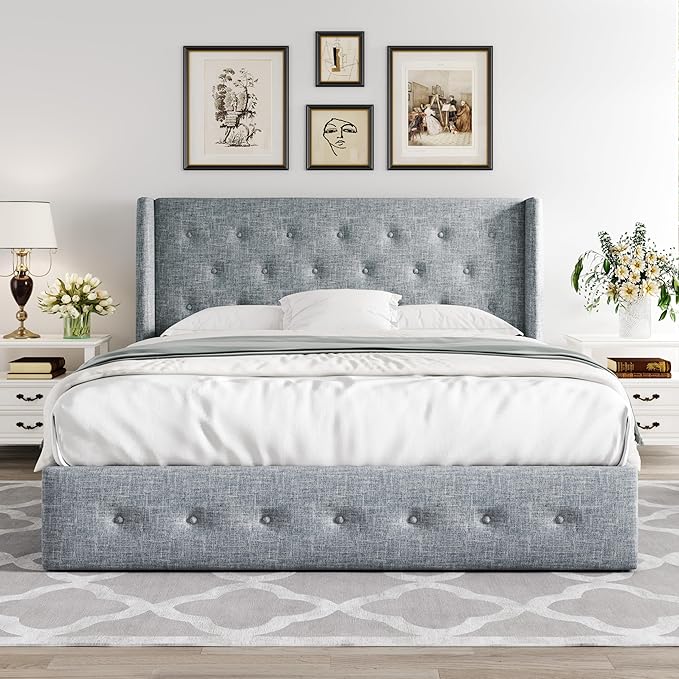 Allewie Queen Size Lift Up Storage Bed, Button Tufted Headboard with Wingback, Hydraulic Support, No Box Spring Needed, Grey Blue-Ruum Studio Home