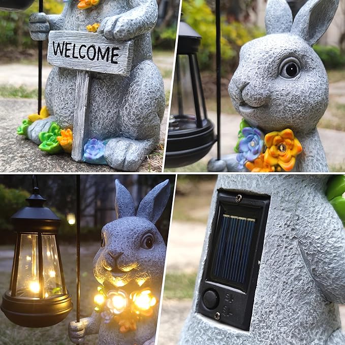 Rabbit Solar Lights Lantern Garden Statues with Succulent and 4 LED Lights - Outdoor Bunny Welcome Figurines Decorations for Patio Yard Lawn Ornaments Gifts for Birthday Easter Housewarming-Ruum Studio Home