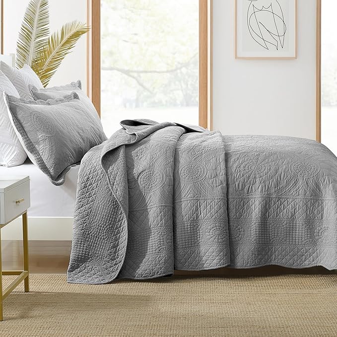 MarCielo 3-Piece 100% Cotton Oversized Bedspread Lightweight Quilt Coverlet Embroidery Farmhouse Bedding Set (Tf Light Grey, Oversized Queen (100"x106"))-Ruum Studio Home