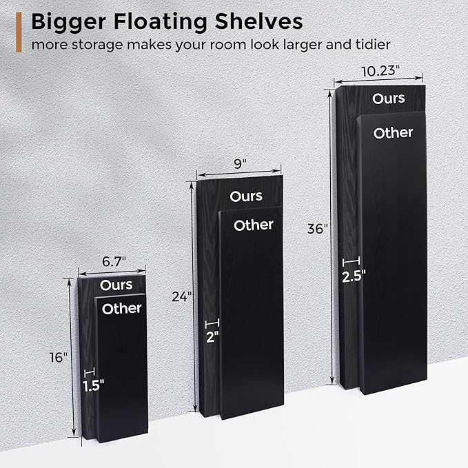 Fun Memories Floating Shelves - 16 Inch Rustic Black Wall Shelf - Wall Mounted Shelves for Wall Decor Storage - Wooden Shelves with Invisible Brackets for Living Room, Bedroom, Kitchen, 2 Pack-Ruum Studio Home