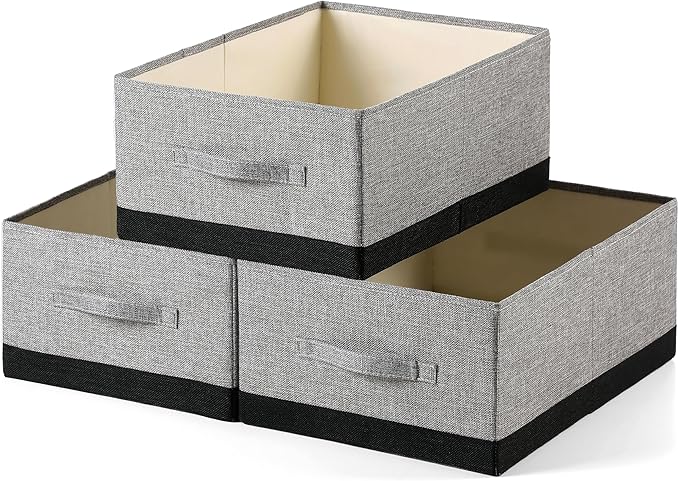 Linen Folding Storage Bins, 3 Pack Large Storage Baskets, Washable, Clothing Storage Bins with Handle, Closet Organizer for Storage Sweater,Sheets (gray black, 18½"x13½"x8½")-Ruum Studio Home