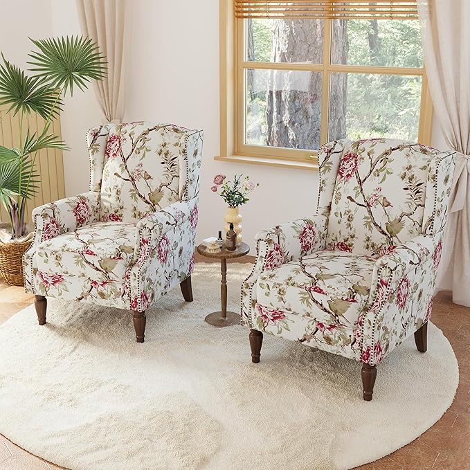 Lumibee Wingback Accent Chair, 2 Set High Back Floral Armchairs in Fabric,Comfy Upholstered Reading Single Sofa Chairs with Solid Wood Legs for Living Room,Bedroom,Office-Floral Beige-Ruum Studio Home