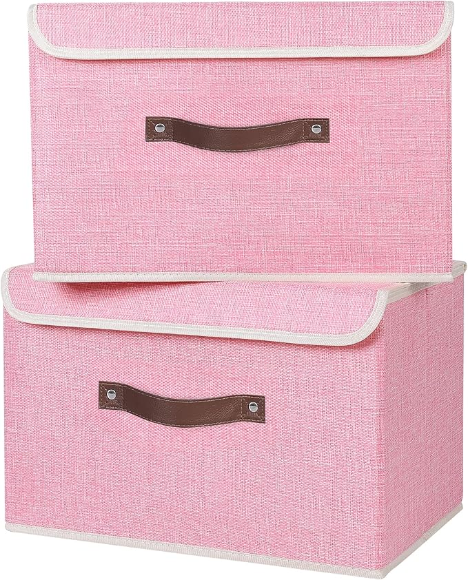 ANMINY 4PCS Storage Bins with Lid PU Leather Handles Storage Boxes PP Plastic Board Decorative Foldable Lidded Cotton Linen Fabric Home Cubes Baskets Closet Organizer Containers - Pink, Large Size-Ruum Studio Home