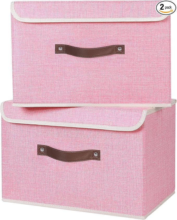 ANMINY 2PCS Storage Bins with Lid PU Leather Handles Storage Boxes PP Plastic Board Decorative Foldable Lidded Cotton Linen Fabric Home Cubes Baskets Closet Organizer Containers - Pink, Large Size-Ruum Studio Home